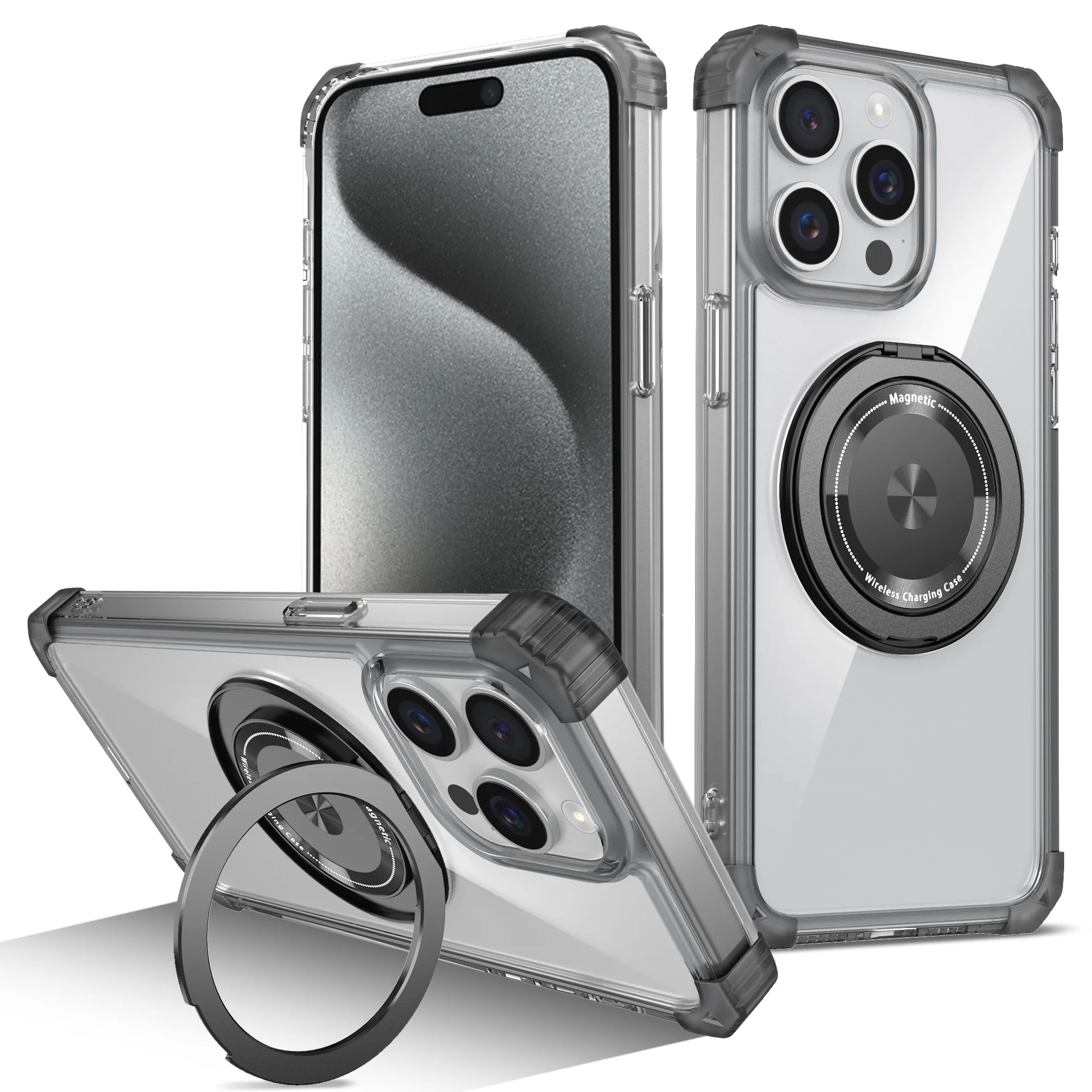 Clear colorful frame magnetic rotating finger ring holder phone back cover for iphone 16 pro max 15 14 13 fundas celulares