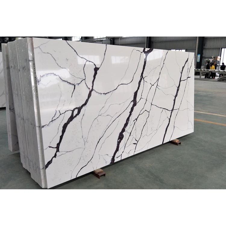 SH STONE Artificial Quartz Slabs White Color With Purple Veins Calacatta White Quartz Stone for Countertops