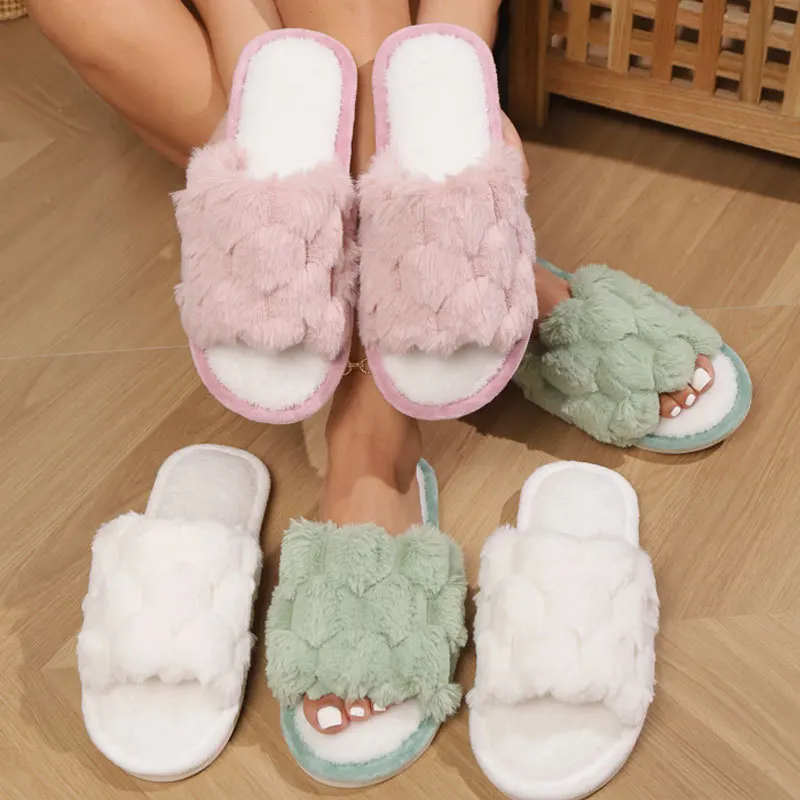 Women's Winter Fashion Indoor for Slippers Simple Home Fluffy Plush Closed Toe Anti-Slip White Soft Bottom Indoor House Slippers