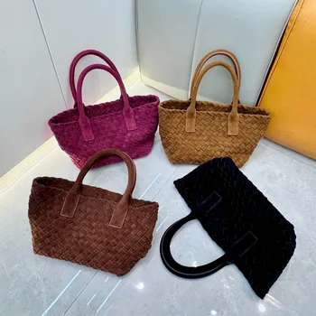 2025 Women's Top-layer Frosted Cowhide Crossbody Bag Hand-Woven Casual All-Match Vegetable Basket Bag Genuine Leather Lining