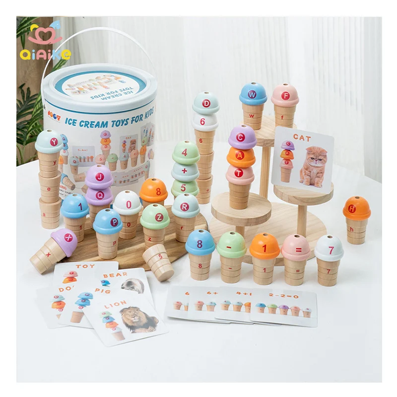 Ensemble de jouets de crème glacée Activités d'apprentissage préscolaire Jeu de comptage et d'association de lettres Jouets empilables Montessori pour enfants de 3 à 5 ans