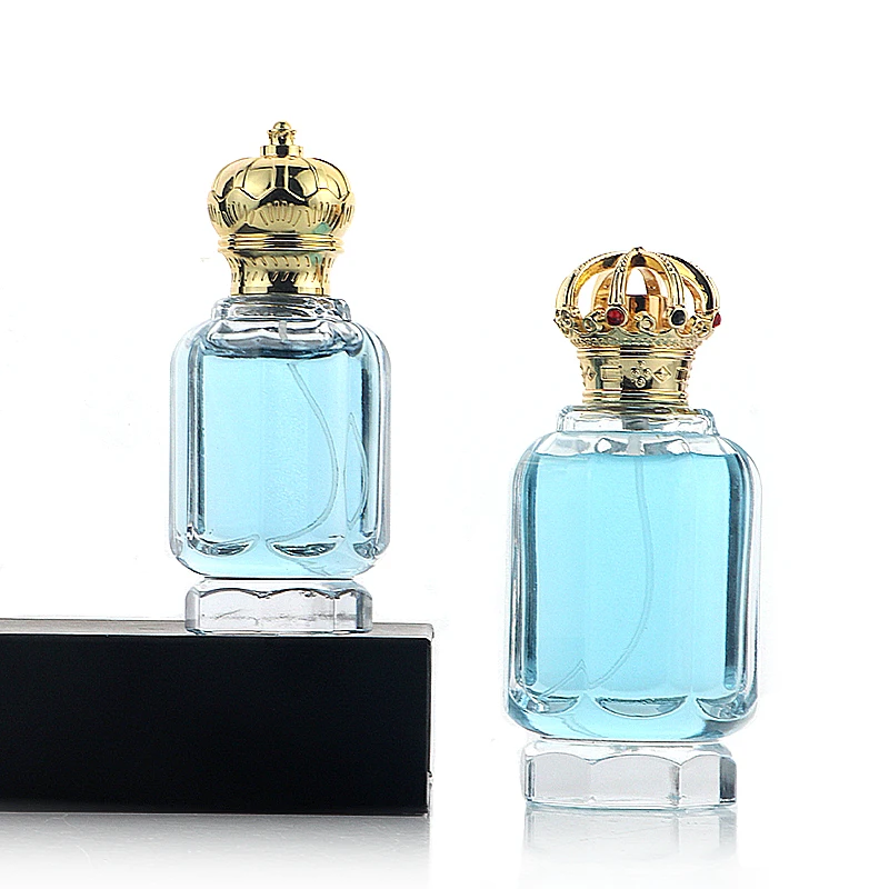 Luxury 50ml 100ml Polygon clear Empty Thick Bottom Dubai Perfume Glass Bottle  with Crimp Sprayer Crown Zamac Lid