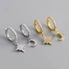 Aretes huggies charm dangle hoop sterling silver jewelry irregular 925 star and moon earrings