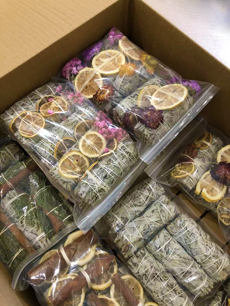 Organic Natural White Sages Smudge Sticks Bundles With Flowers