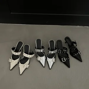 2026 Sharp Pointed Belt Buckle Thin Single Order Shoes European and American Baotou Silver Back Empty High-heeled Sandals