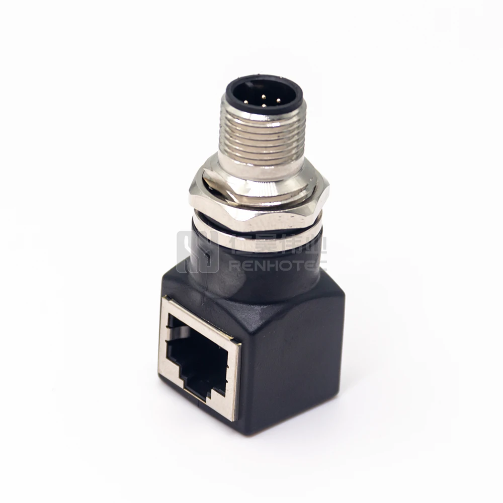 4Pin Adapter M12 a Coding D Code 4 Cores Male to RJ45 Waterproof Straight Connector Adapter for Automotive Power Ethernet