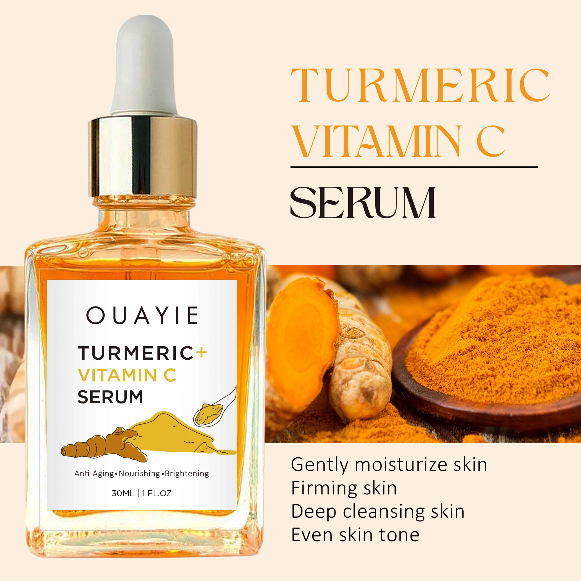 Hot Sale Private Label Organic Turmeric Skin Care Facial Serum for Lightening Glowing Brightening Turmeric Serum Oil