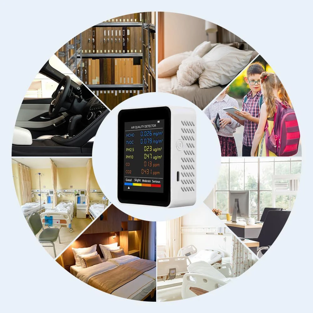 Moniteur Qualité Air 6 En 1 - Détecteur CO2, PM2.5, PM10, TVOC, Temp & Humidité - Grand écran, Portable, Pour Maison Et Bureau