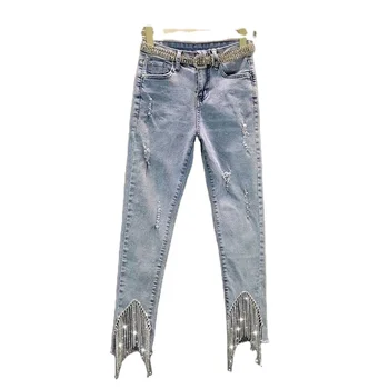 slim fit denim pants with chain decoration woman jeans factory wholesale hot selling for spring and summer