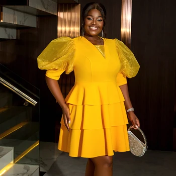 AM041003 Summer V Neck Sheer Puff Sleeve Tiered a Line Yellow Plus Size Mini Women's Casual Dresses