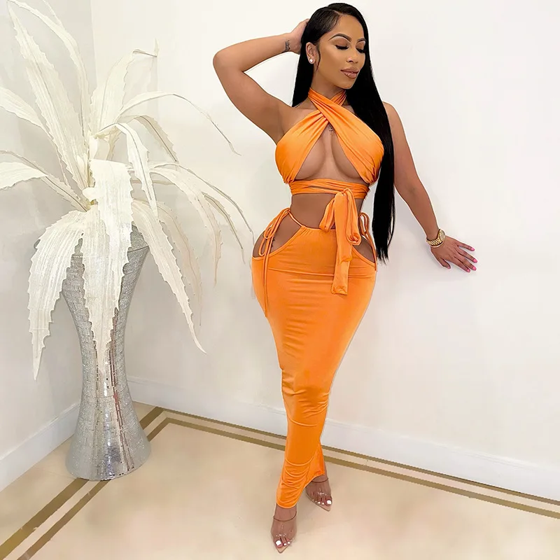 Women Halter Crossover Front  Top and Long Skirts Dress 2021 Women 2 Pieces Long Bandage Skirt Set