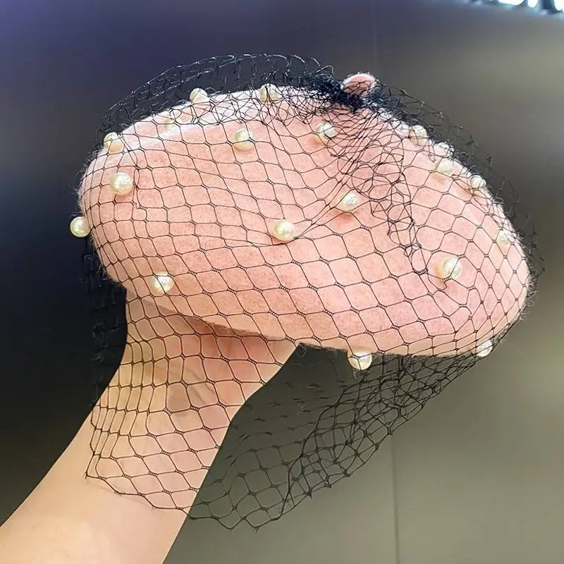 Custom Logo Mesh Berets Pearl Beaded Cap Autumn Winter Retro Wool Beret Hats for Women Embroidery Boina