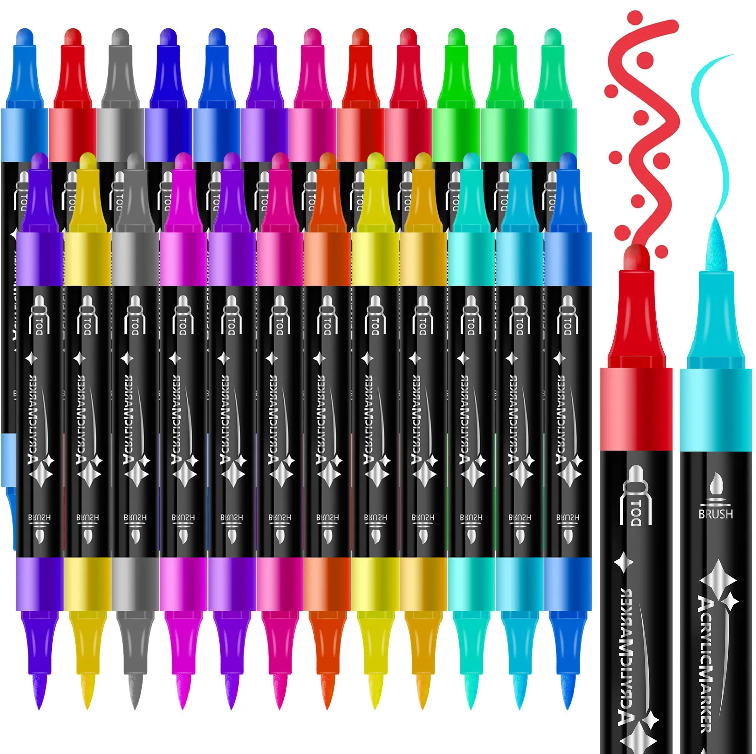 12 Colors Dual Tip Acrylic Paint Pens - Brush & Round Tip Markers For Rock Painting & Crafts