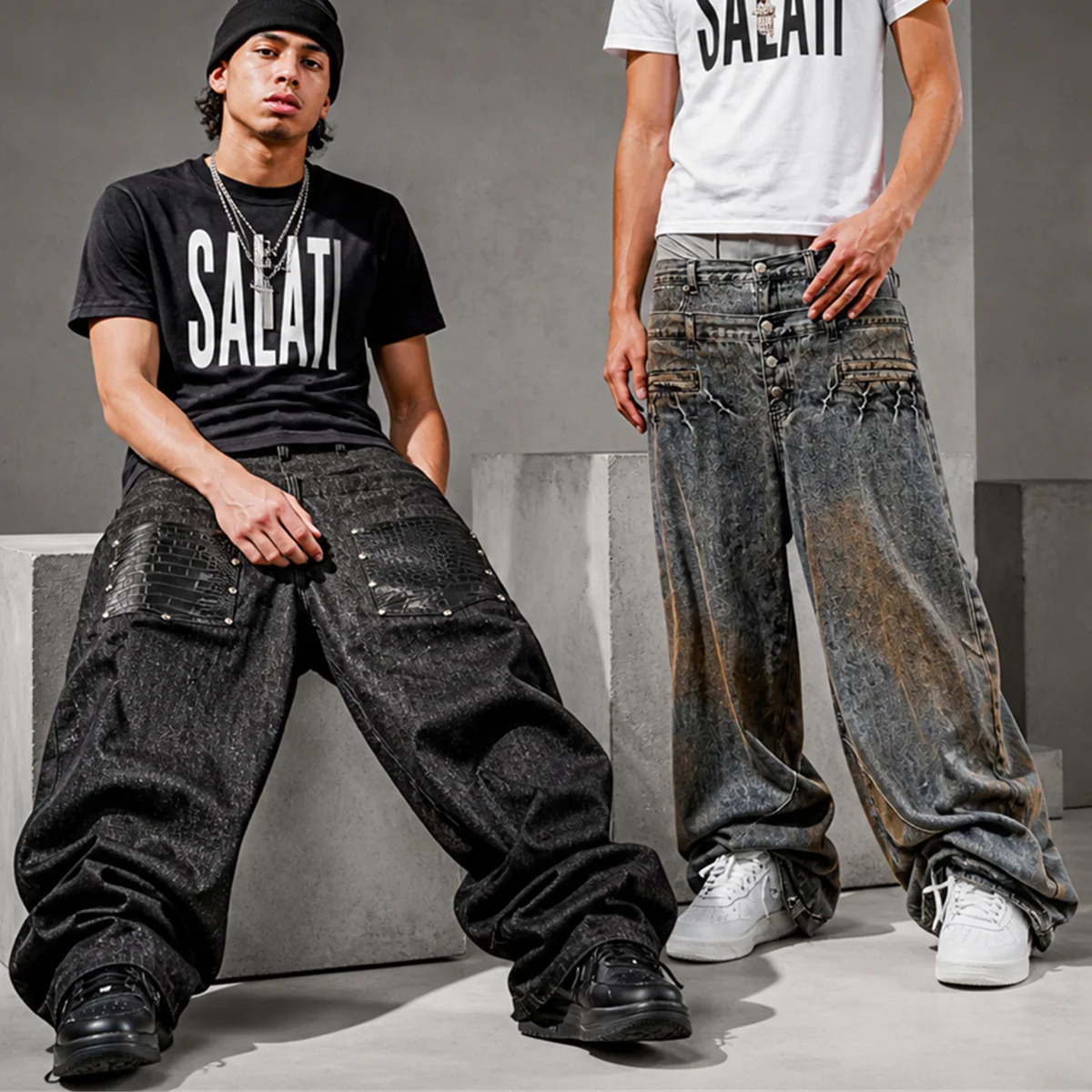 Wholesale Black Mens Jeans Raw Denim Super Baggy Wide Leg Button Fly Floor Length Y2K Streetwear Fashion Men Denim Jeans gallery 3