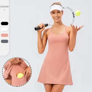 Nude Feeling Solid Anti-glare Sports Fitness Gym Tennis Dress & Shorts Set Golf Sport Elastic Waist Shorts with Pocket for Women