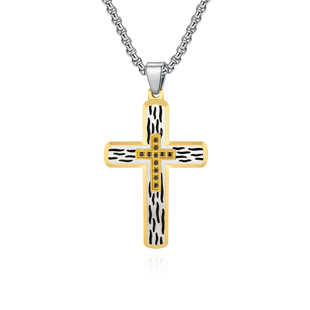 18K Gold Plated Pendant Hypoallergenic Christian Jewelry Cross Pendant Necklace Stainless Steel Diamond Cross Necklace for Men