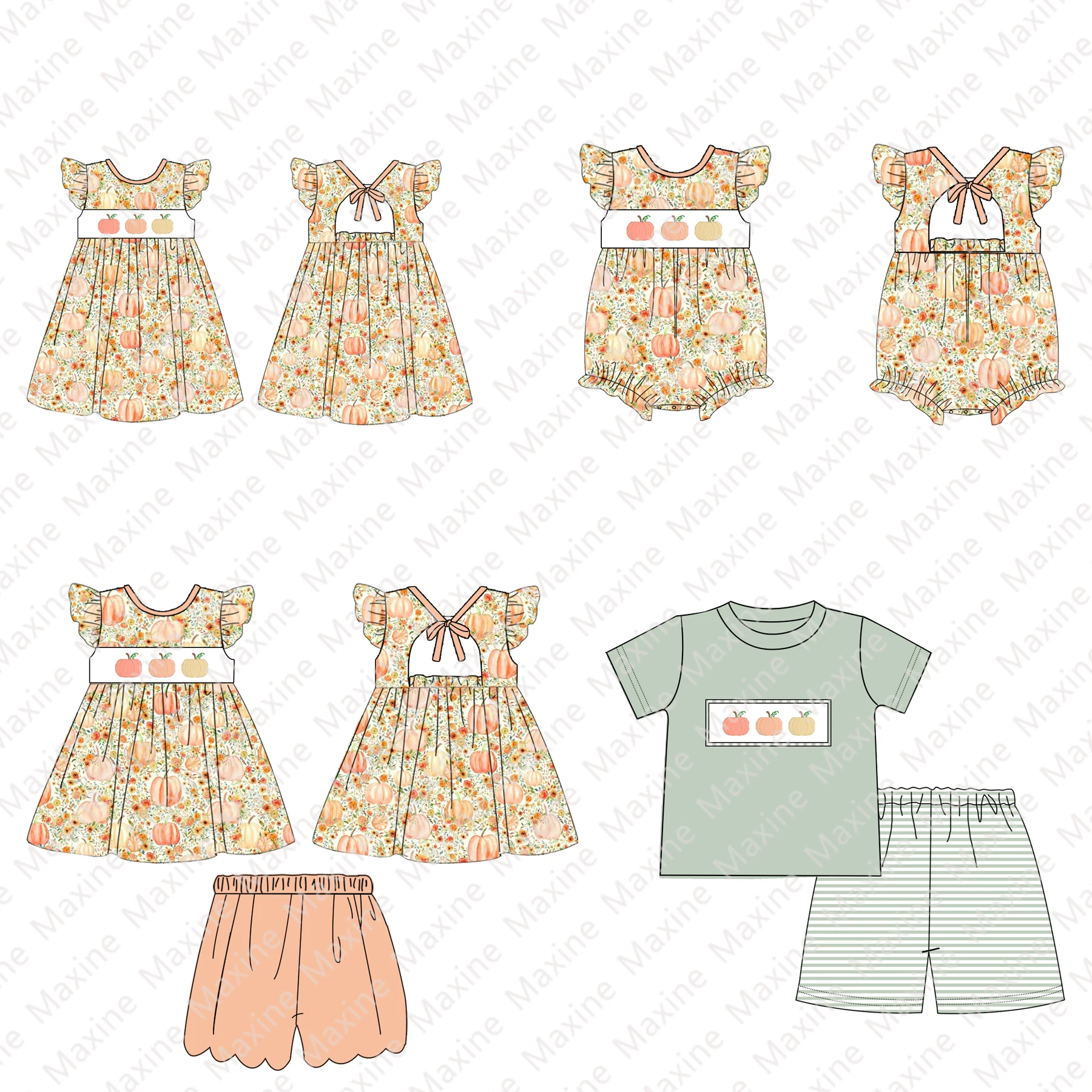 2023 Girls Fall Boutique Outfit Flutter Top and Scalloped Shorts Pumpkin Embroidery Baby Clothing