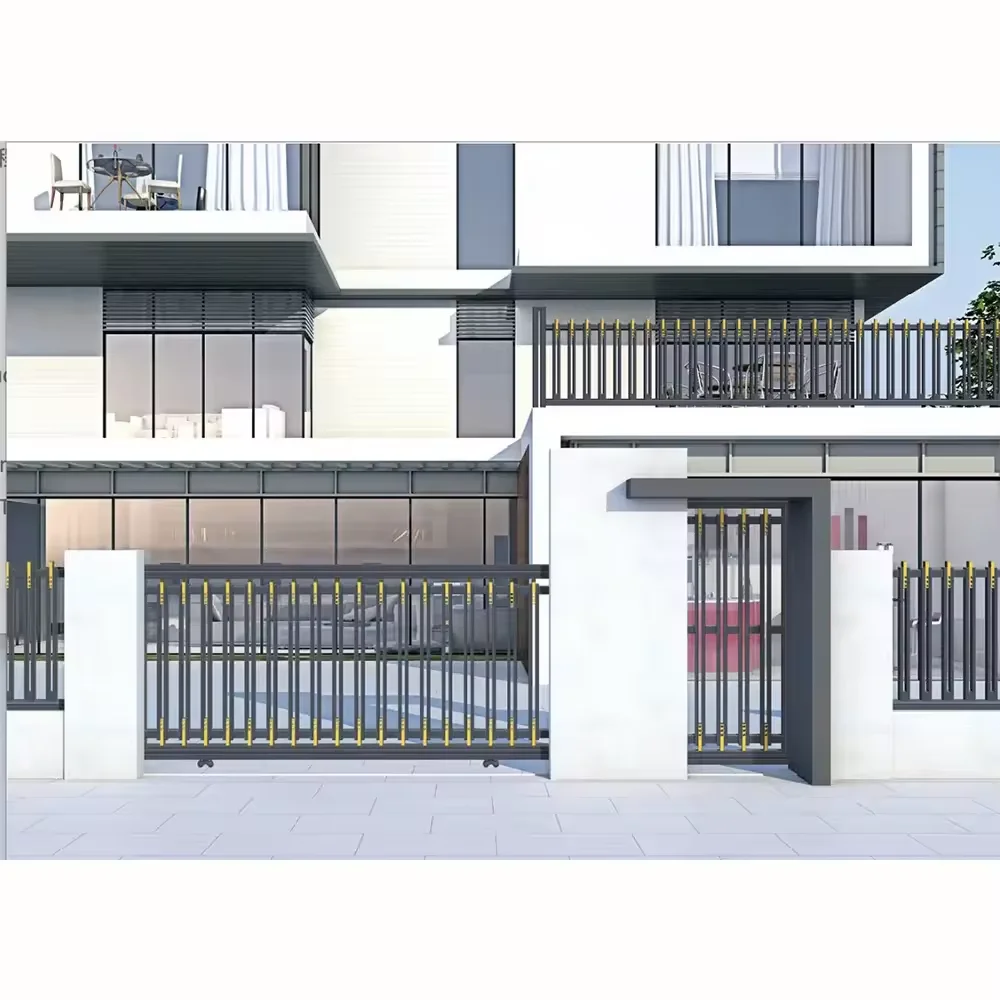 Factory Supply Black Aluminum Gate with Golden Decoration Cast Metal Electric Driveway Garden Gates For Villa