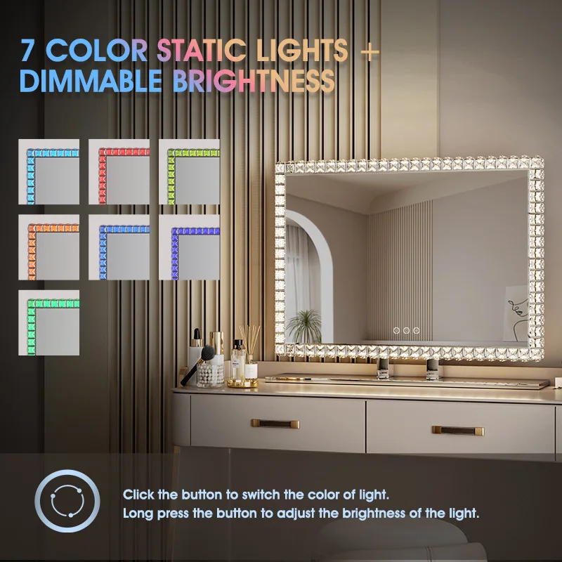 Stainless Steel Crystal Glass LED Vanity Mirror with RGB Light Adjustable for Personal Beauty and Home Cosmetic 2
