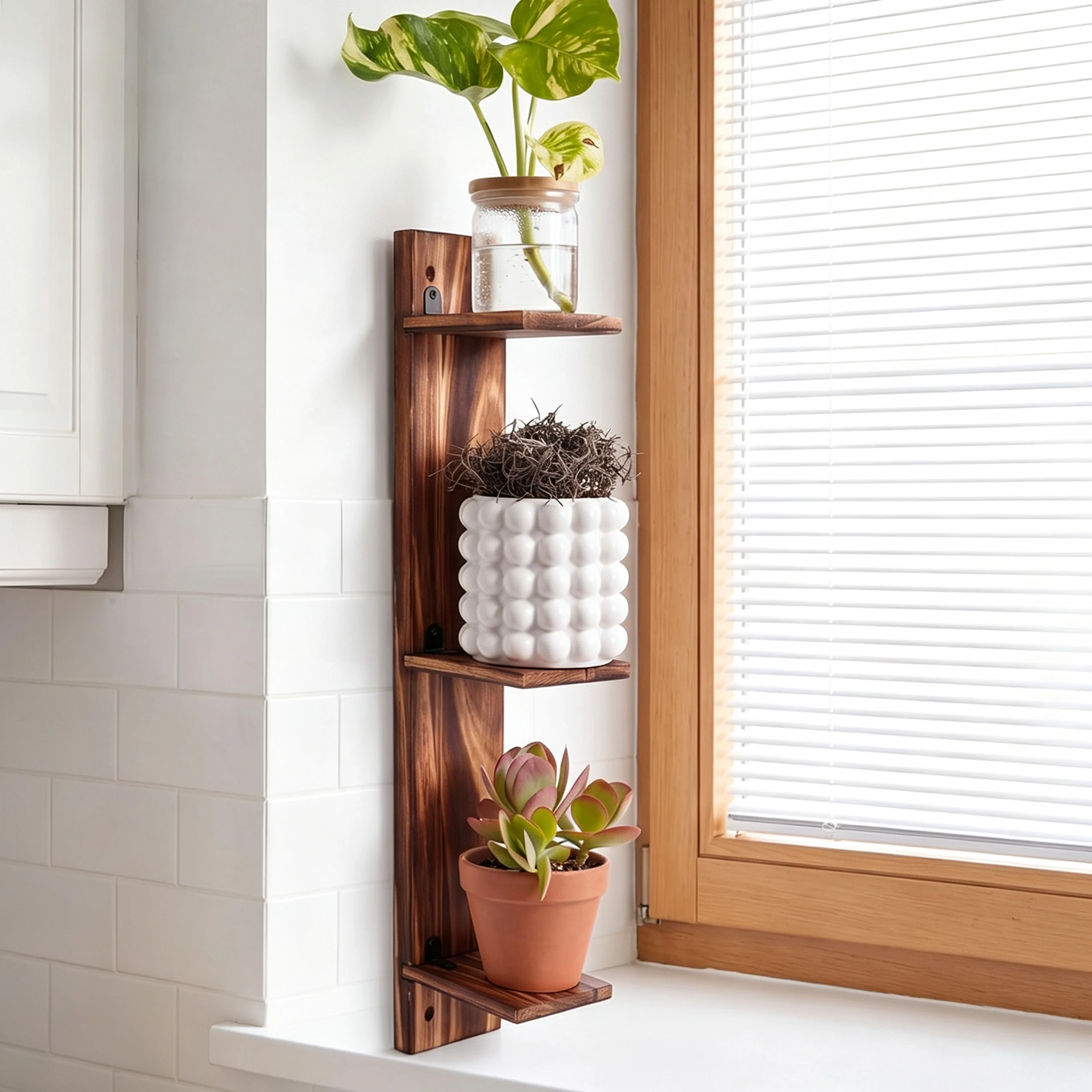Wall Plant Shelf 3 Tier Rustic Wood Corner Plant Stand Window Wall Mount Space Saving Indoor Plant Holder for Living Room Decor