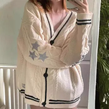 Factory Wholesale Chic Vintage Star Print Knit Cardigan Sweater Star Pattern Casual Spring Season Preppy Cute Long Sleeve Coat