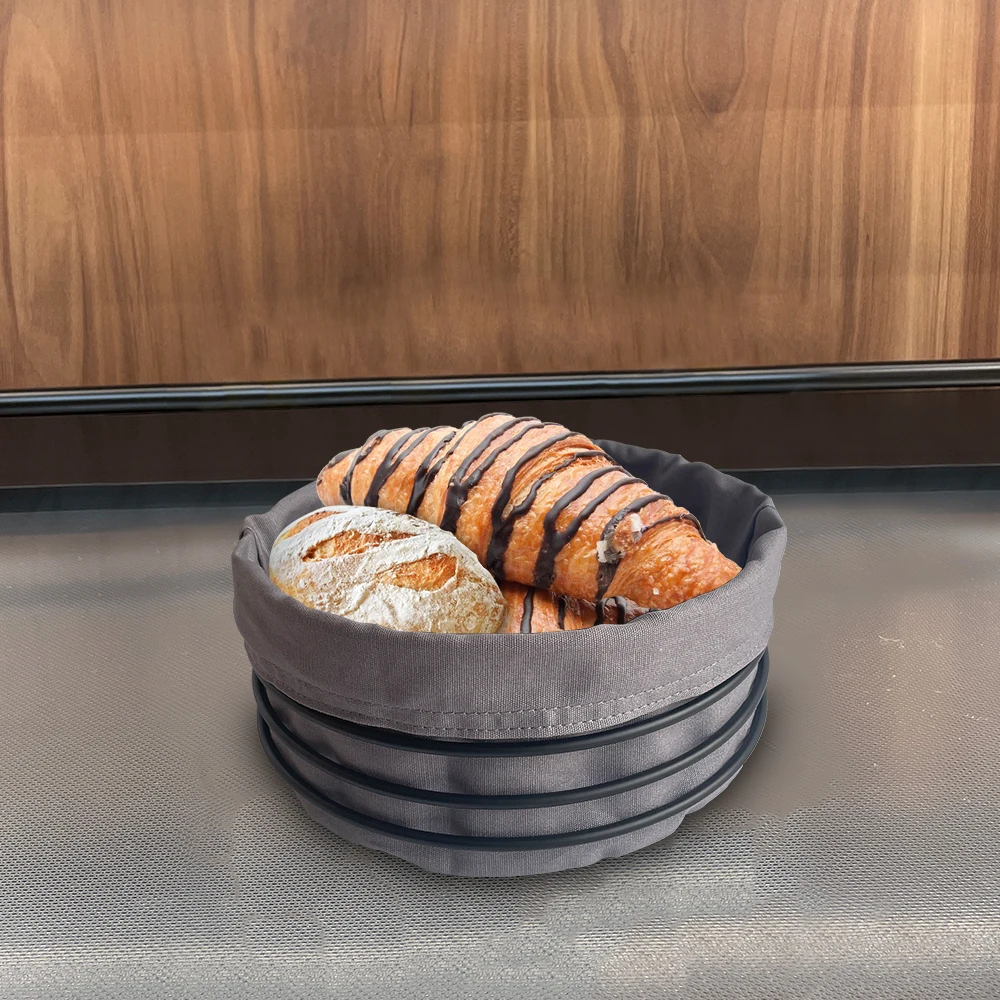 European Germany New Style Metal Canvas Bread Baskets Matt Black Round Toast Baguette Bread Holder With Grey Cloth Liner Bag