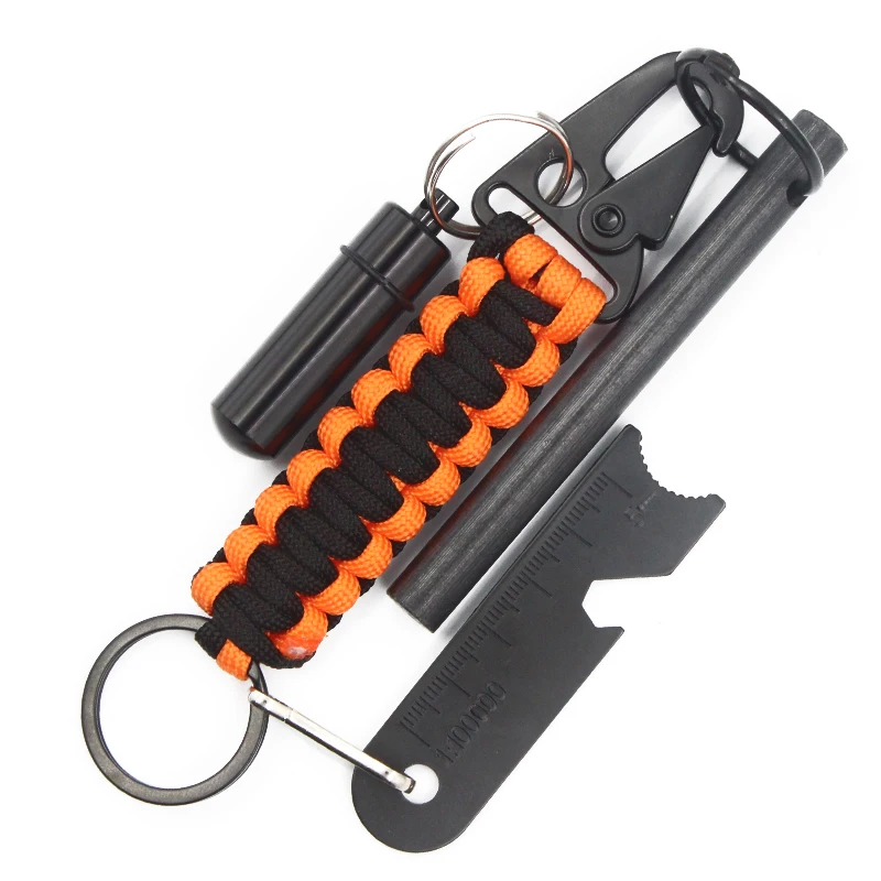 EDC Outdoor Survival Paracord Keychain Kit with Fire Starter Rod Waterproof Capsule Tinder