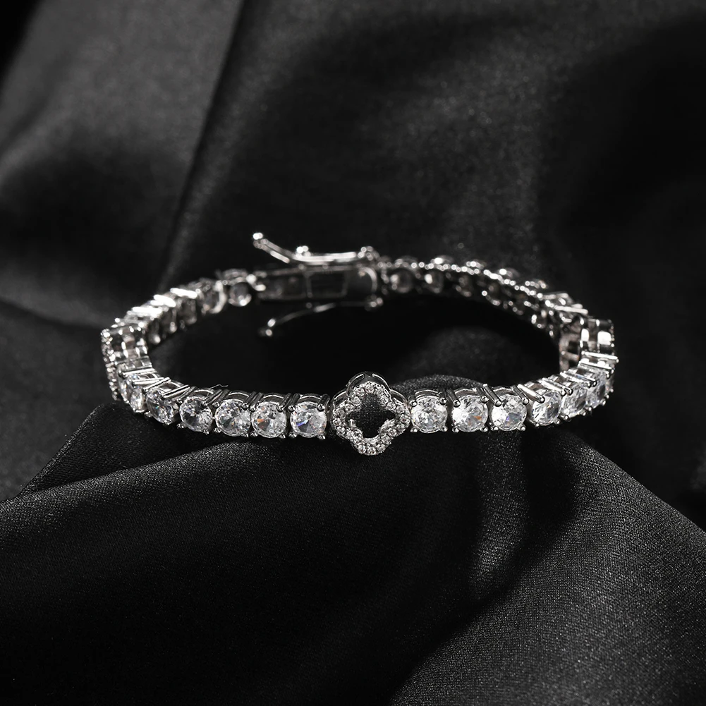 Full Iced Out Four Leaf Clover Tennis Bracelet - Lucky Jewelry