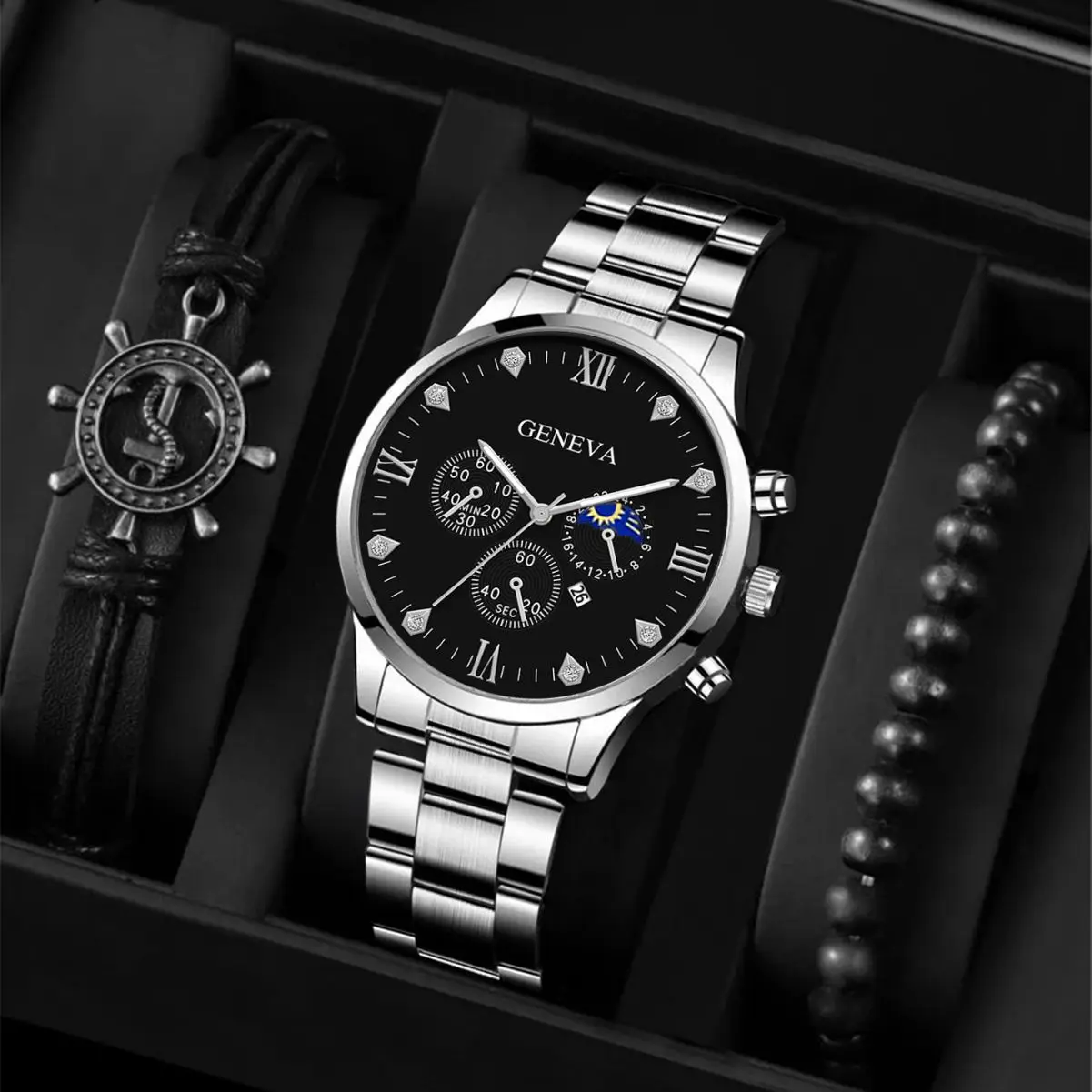 Hot Sale Fashion Men's Steel Band Wristwatch Simple Casual Watch Ship Rudder Bracelet Quartz Watches Set for Men Jewelry Gift