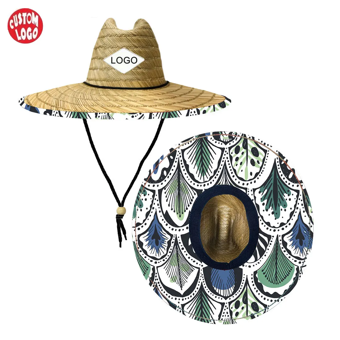 Custom Logo Patch Wide Brim Beach Straw Fishing Hat Men Lifeguard Beach