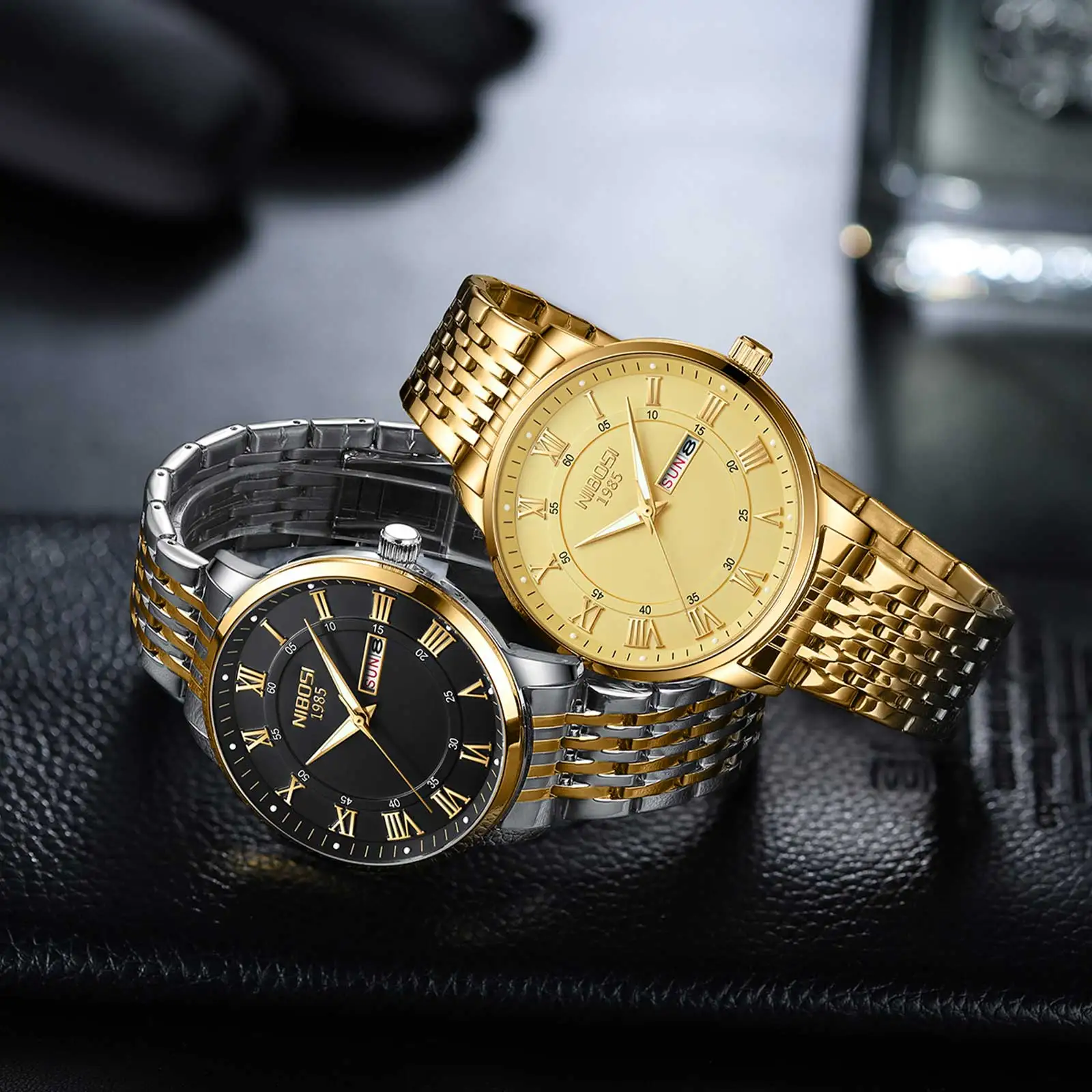 NIBOSI Orologio da Uomo, Quadrante Nero, Cassa in Acciaio Inossidabile Oro, Cinturino in Pelle Marrone, Elegante, RAffinato, di Lusso, alla Moda, Casual, Regalo, Impermeabile, Massiccio, Vintage