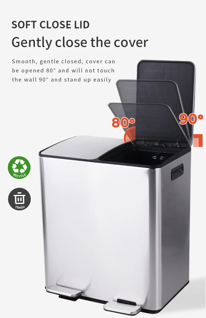 Trash Can Stainless Steel Double Compartment Classified Kitchen Trash Can with Plastic Inner Buckets 2 X 30 Liter Dual