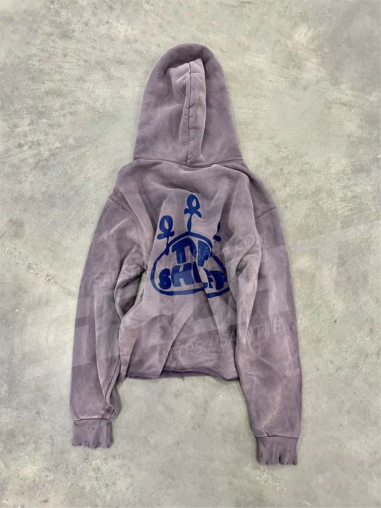 Custom Men Vintage Distressed Pullover Cropped Hooded Sweatshirts Cotton Screen Print Raw Hem Acid Wash Sun Fading Hoodie Unisex gallery 4