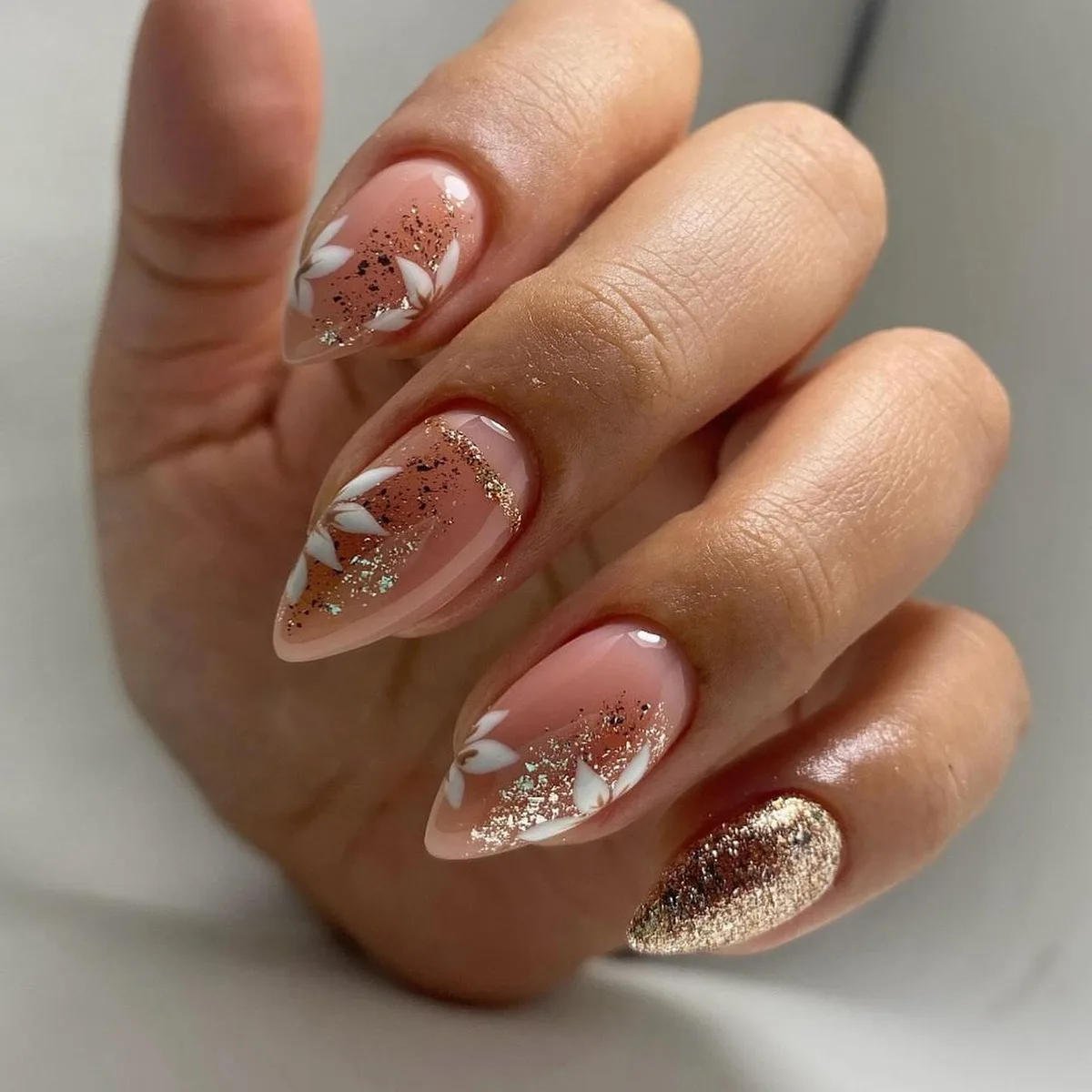 Almond Nails with Gold Glitter Shine