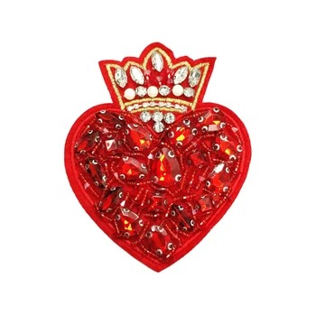 Wholesale Garment Accessories Shiny Sequin Pearl Appliques Red Heart Shaped Rhinestone Iron On Patch