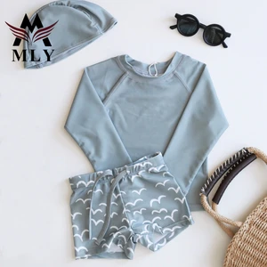 MLY Custom Long Sleeve Summer Printed Pullover Boy Swimsuit Set Long Sleeve Baby Boy Two Piece Swimwear Children Swimwear