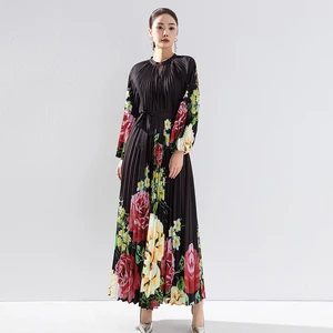 Women's Elegant Loose Stretch Plus Size Black Printed Dress High Collar Pleated Fashion Casual Dress for Summer
