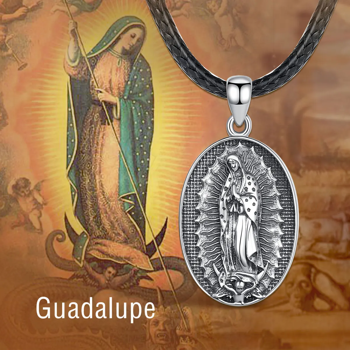 Real 925 Sterling Silver Holy Mary La Virgen de Guadalupe CZ Pendant Medium  2