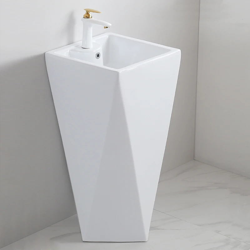 Diamond Floor Mounted Freestanding Bathroom Sink White Artistic Ceramic Hand Wash Basin