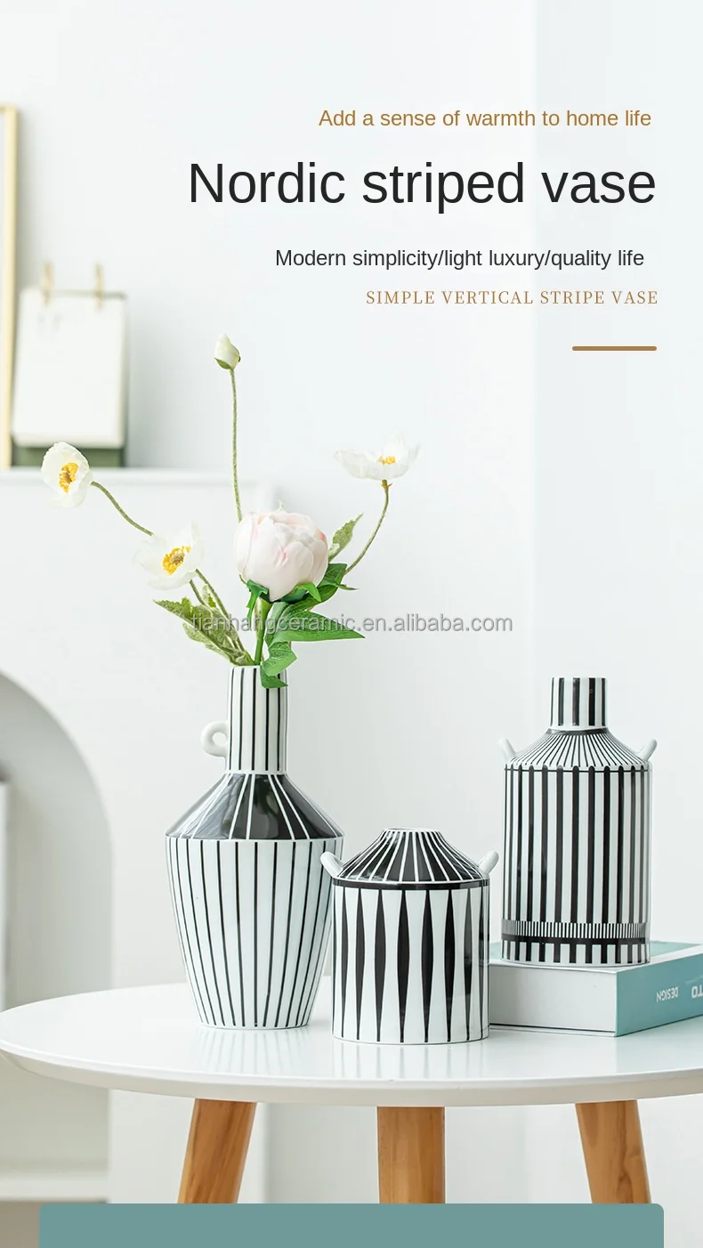 High Quality room soft board decoration European Style Luxury Black And White Stripes Ceramic Flower Vase Living Room Decoration.jpg