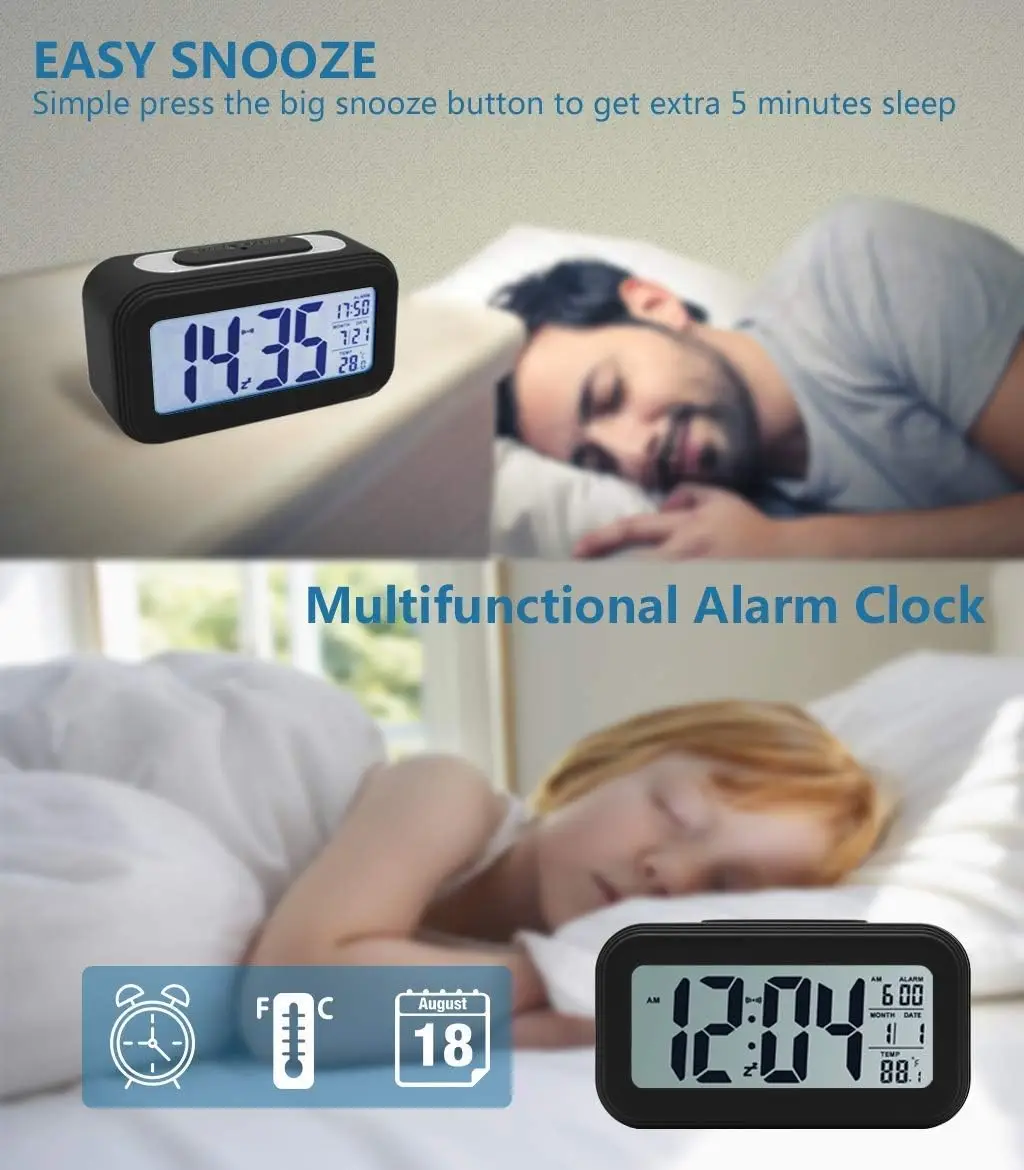 Battery Operated Smart Night Light Digital Desk Small Clock Alarm Clock with Indoor Temperature