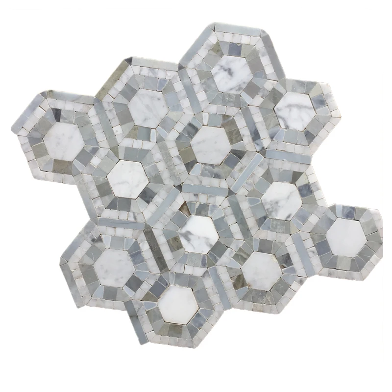 Blue Gray Hexagon Glass Marble Mosaic