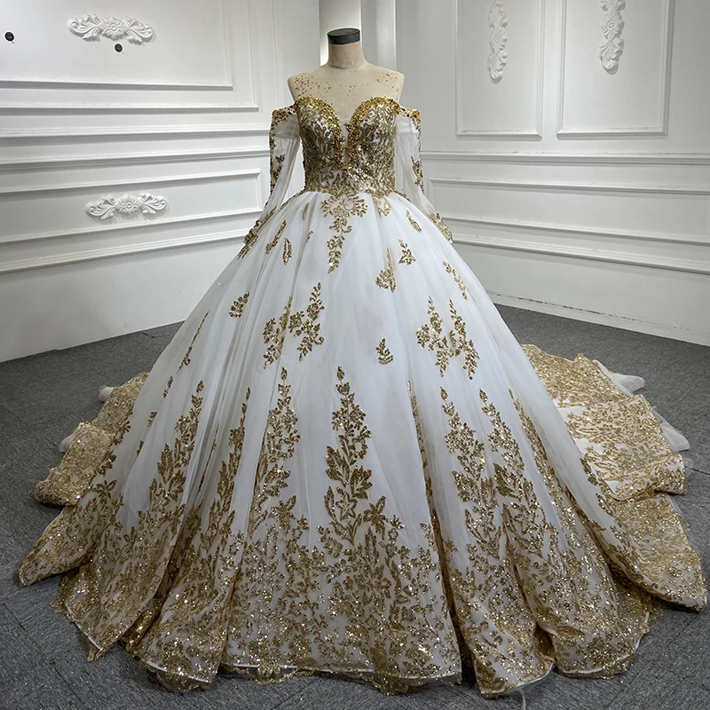 chinese dress ladies Gold Long Sleeves Wedding Dresses Ball Gowns Lace Embroidery