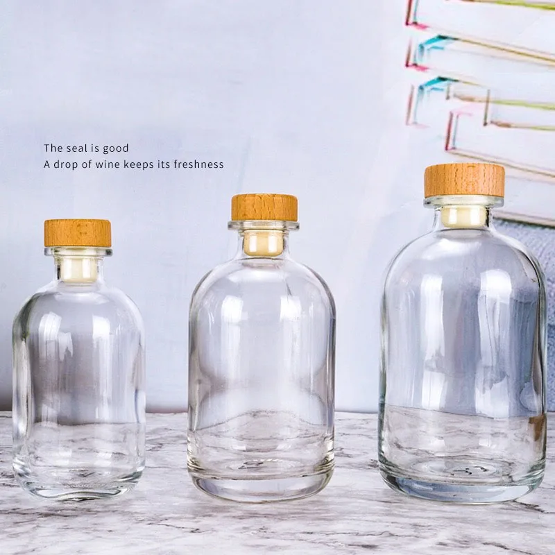 Fancy Round 100ml 250ml 375ml 500ml Clear Fruit Glass Wine Liquor Bottle With Cork Stopper