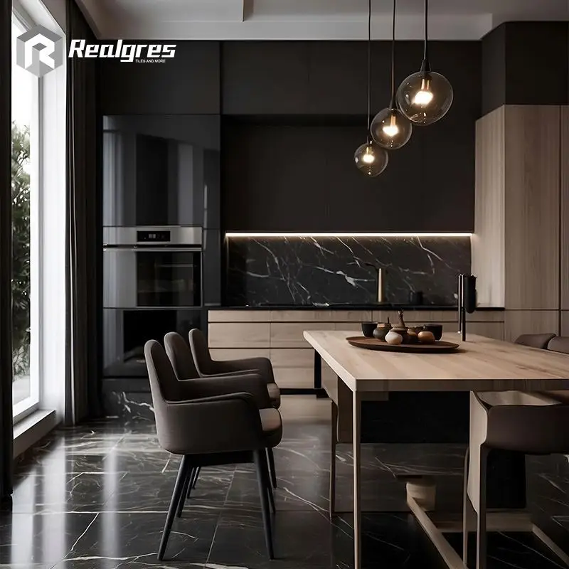 Realgres Modern Simple Designs Built in Kitchen Hanging Cabinets Customized Durable Black Lacquer Kitchen Units Set Furniture
