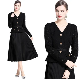 Customize Elegant Solid Pattern Lace-up Dress Slim Fit Pleated Empire Waistline  Autumn Washable Boutique Clothing Wholesale