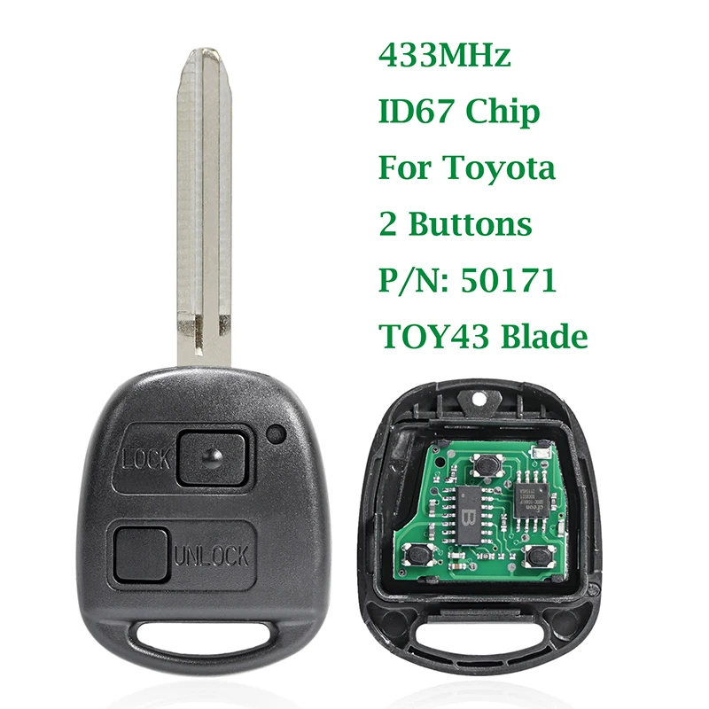 433Mhz 2-Button Remote Car Key Shell 4D67 Chip Compatible for Toyota RAV4 Prado Tarago Klur Avensis 2003-2010 TOY43 Blade Key