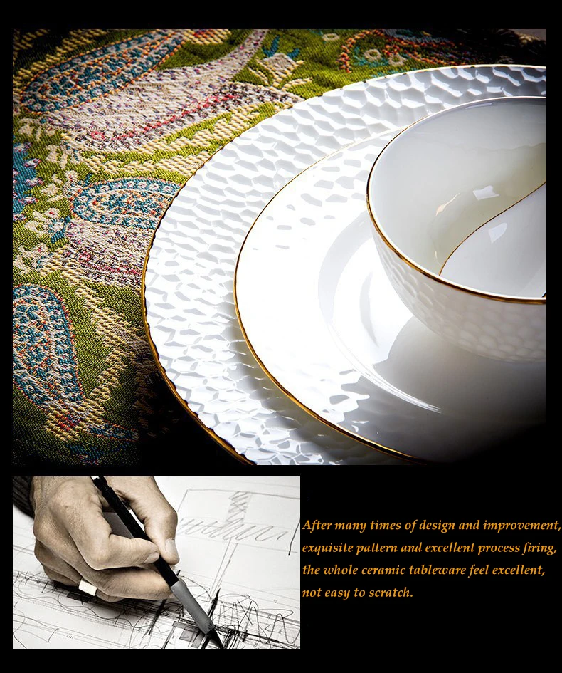 Tivray Luxury Food Grade Bone China Embossed Tableware Plates Set