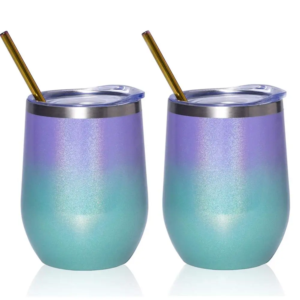 Plastic Lid 12oz Insulated Cup with Straw Glitter Stainless Steel