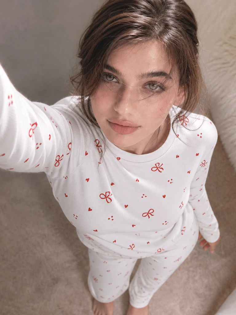 Womens Thermal Pajama Set Soft Polyester Long Sleeve Round Neck Printed Loungewear Christmas Homewear — detail